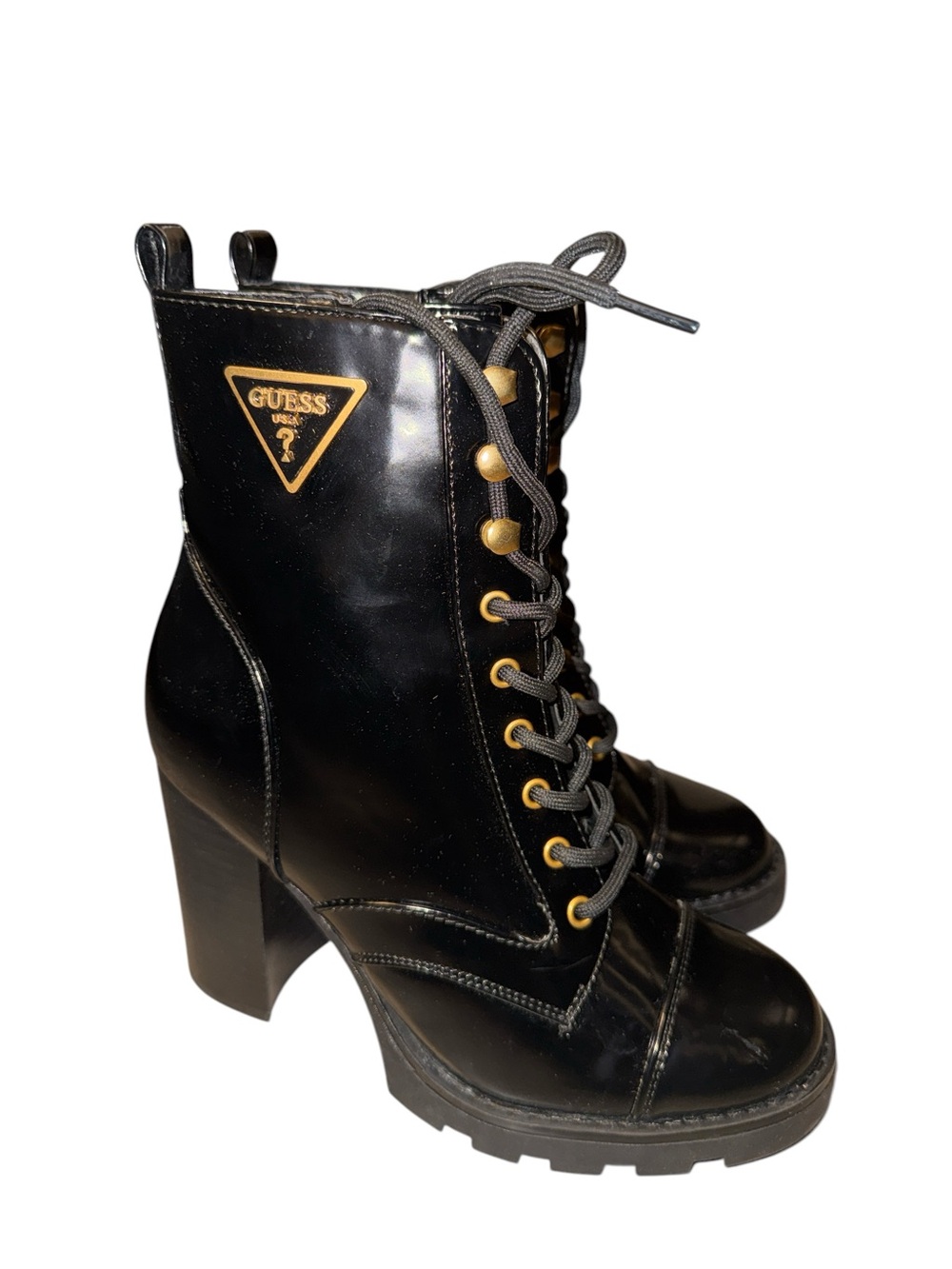 GUESS Black Lace-Up High Heel Combat Boots with Gold Accents
